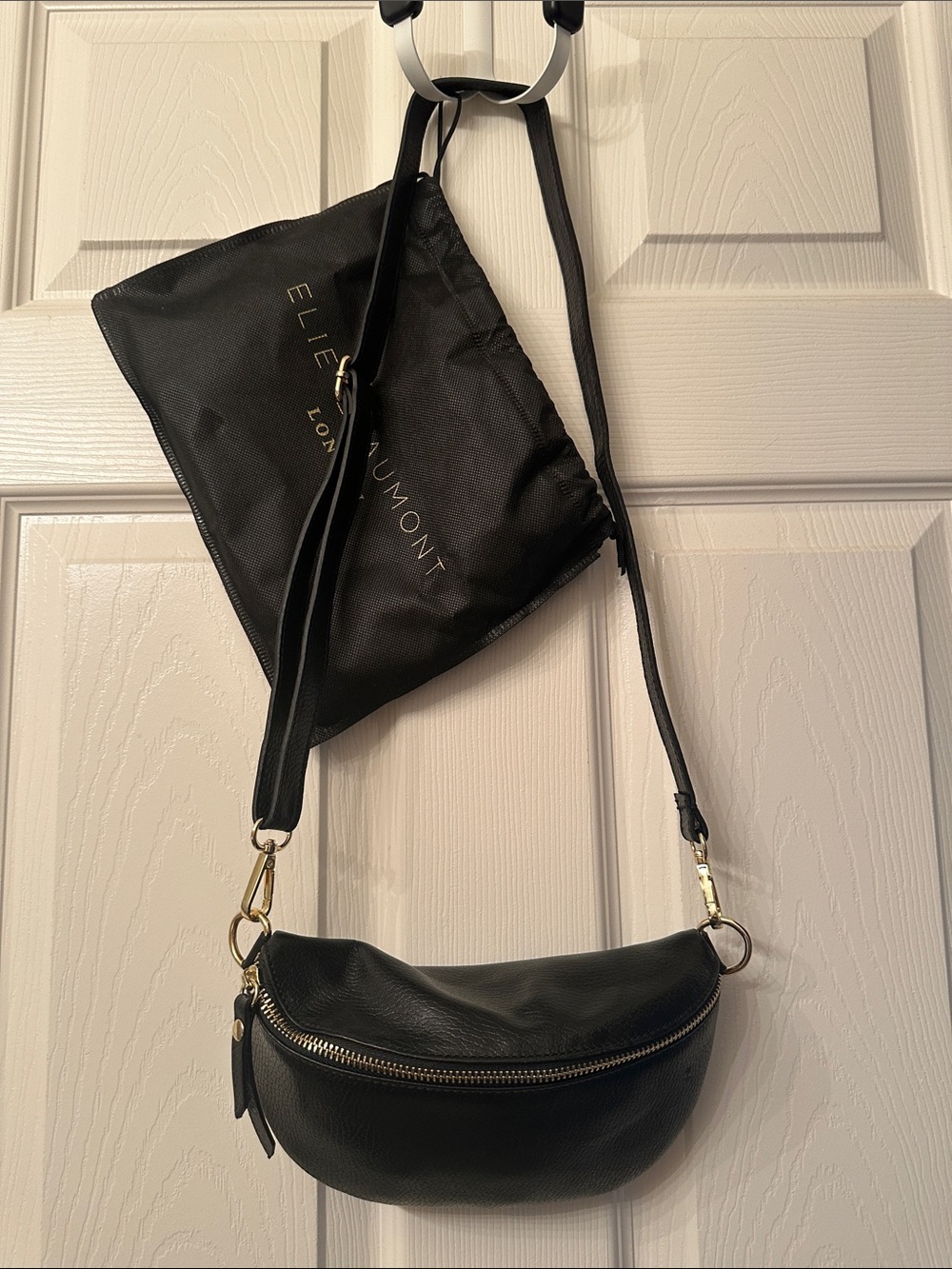 Elie Beaumont London Black Leather Sling Bag Crossbody Belt Bag Made In Italy